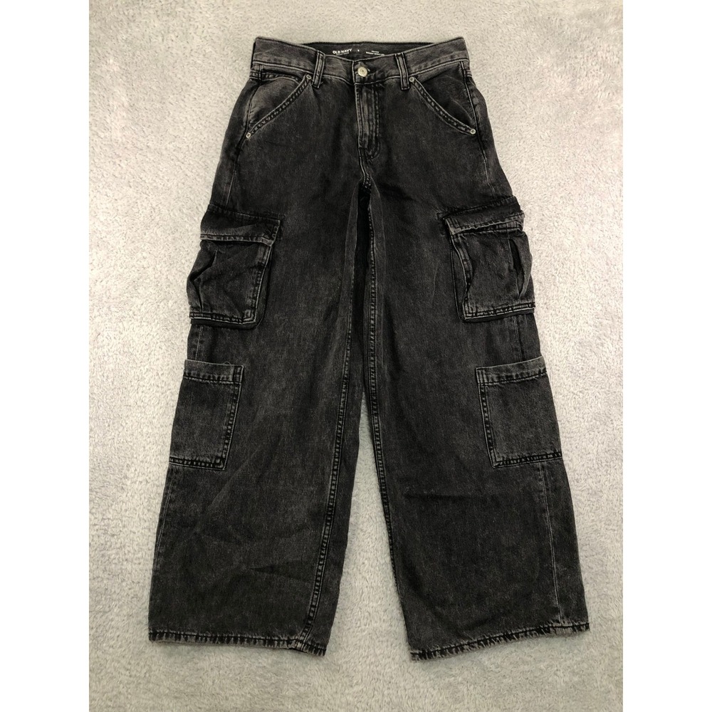 Old Navy Jeans Womens 2 (28x28.5) Black Cargo Baggy Wide Leg Mid-Rise Denim
